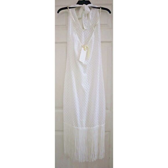 Waimari D267LCW Women's Sz Medium White Levisa Fringe Hem Halter Midi Dress - Picture 2 of 15